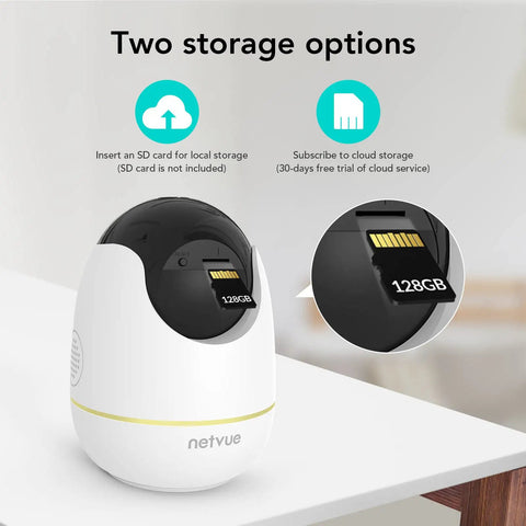 Indoor Smart AI Detection Security Camera For Pets Babies And Home Nanny Cam Vibe 1080P FHD Night Vision 2-way Audio showing storage options