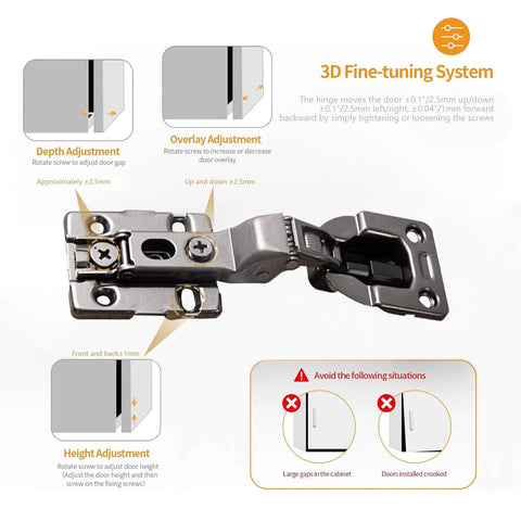 Frameless Inset Soft Close Concealed Cabinet Hinges Titanium Black Ultra Thin Finish Two Hinges Per Pack Self Close From 0 To 45 Degrees With 3D Adjustment And Stop At Any Angle 45 To 105 Degrees Stainless Steel shown with 3D fine-tuning system diagram.