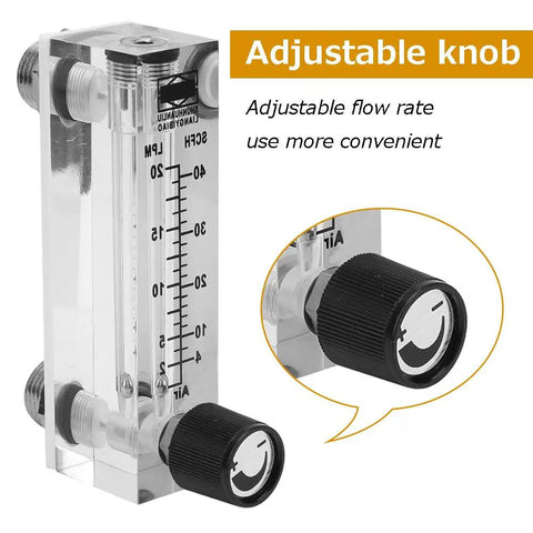 Panel Mount Gas Flowmeter LZM-6T with Adjustable Valve, 2-20 LPM, 4-40 SCFH, in clear acrylic showing adjustable knob detail.