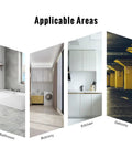 Image showing applicable areas for the Linear Shower Drain 12 Inch Tile Insert With 2 In 1 Panels 304 Stainless Steel: bathroom, balcony, kitchen, and garage.