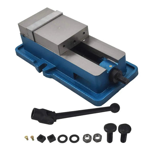Heavy Duty 6X6.3 Inch Mad Precision Mill Vise Replacement For Milling Shaping And Drilling Machines showing jaw and clamping mechanism.