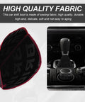 SHMZK car shift boot cover, fabric gaiter in black with red edging, installed on gear shifter
