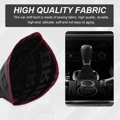 SHMZK car shift boot cover, fabric gaiter in black with red edging, installed on gear shifter