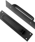 Two Pack Sliding Barn Door Handle Set In Black 7.9 Inch Aluminum Alloy Door Pull For Barn Doors Gates Cabinets Closets Drawers Garages And Sheds With 8 Mounting Screws, showing front and side view.