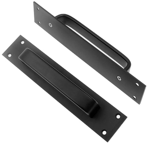 Two Pack Sliding Barn Door Handle Set In Black 7.9 Inch Aluminum Alloy Door Pull For Barn Doors Gates Cabinets Closets Drawers Garages And Sheds With 8 Mounting Screws, showing front and side view.