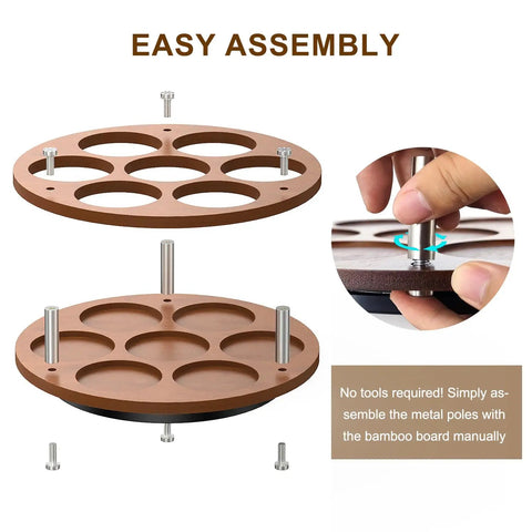 Rotate Your Home Bar Slick With This Seven Slot Coffee Syrup Organizer Rack easy assembly with bamboo and metal components.