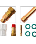 7 Piece Stubby Gas Lens TIG Welding Torch Accessory Kit With #12 Glass Cup For WP-17, WP-18, Wp-26 Air Cooled Torches showing copper fittings and O-rings.