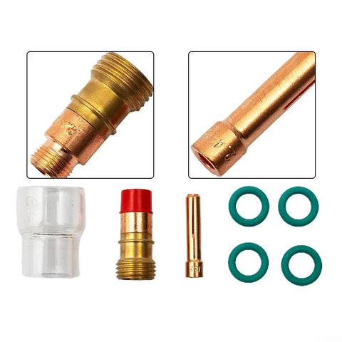 7 Piece Stubby Gas Lens TIG Welding Torch Accessory Kit With #12 Glass Cup For WP-17, WP-18, Wp-26 Air Cooled Torches showing copper fittings and O-rings.