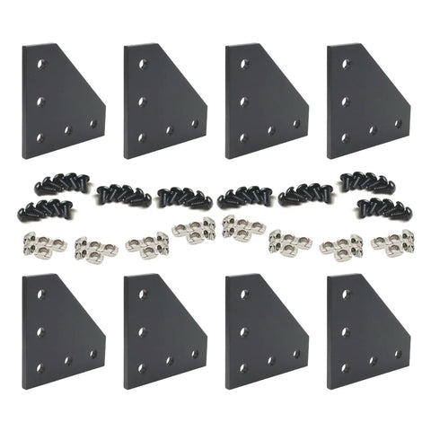8 Sets 2020 Aluminum T Slot Corner Brackets For 20 By 20 20mm Extrusion, black L shape plates with nuts and bolts, laid out.