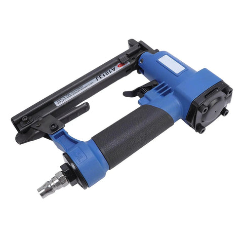 Rock Hard Pneumatic Brad Nailer Tool With Tough Aluminum Body For Lightning Fast Trim And Carpentry Projects Shoots 1/4 To 1/2 Inch Nails Cleanly Under Reliable 3.5 To 8 Bar Air Pressure, side view with black grip.