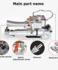 Heavy Duty Pneumatic Strapping Machine With Friction Heat Welding Portable Hand Baler showcases main components: side guide, adjustment knob, silencer.