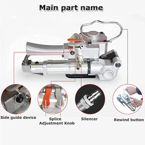 Heavy Duty Pneumatic Strapping Machine With Friction Heat Welding Portable Hand Baler showcases main components: side guide, adjustment knob, silencer.