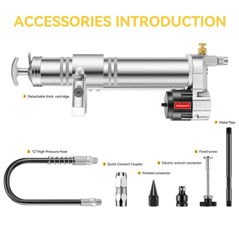 Electric Grease Gun Drill Adapter For DeWalt Cordless Drill Driver with hose, coupler, cartridge, and tools shown.