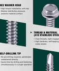 Rock Solid Size 12 X 6 Inch Hex Washer Head Self Drilling Screws Pack Of 20 Premium 410 Stainless Steel Tek Fasteners for metal framing features.