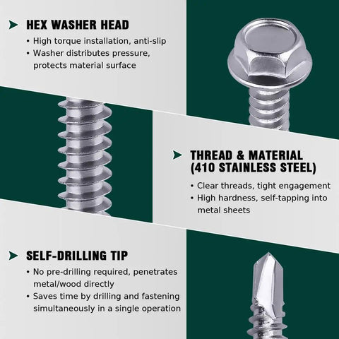 Rock Solid Size 12 X 6 Inch Hex Washer Head Self Drilling Screws Pack Of 20 Premium 410 Stainless Steel Tek Fasteners for metal framing features.