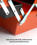 Close-up of Portable Cantilever Toolbox With Retractable 3 Tray Metal Rolling Organizer showing reinforced rivets and side shafts.