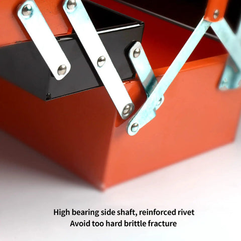 Close-up of Portable Cantilever Toolbox With Retractable 3 Tray Metal Rolling Organizer showing reinforced rivets and side shafts.