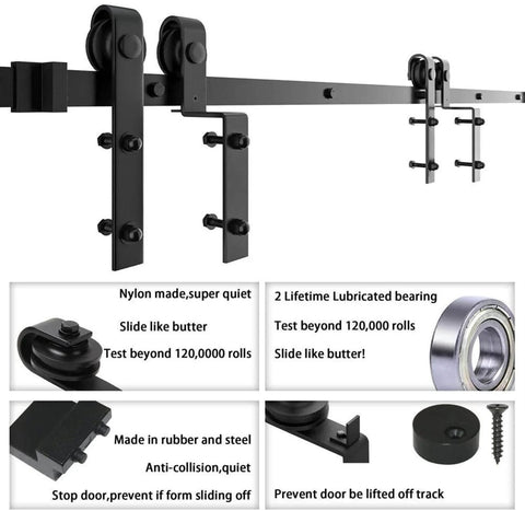 Heavy Duty Sliding Barn Door Hardware Kit With Single Track Bypass For Double Doors, Flat Black 183Cm Track, Carbon Steel