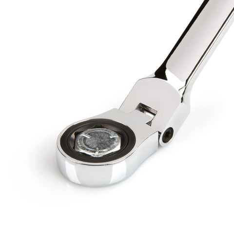 Close-up of chrome flex head from Long Flex Ratcheting Box End Wrench Set 4 Piece With Holder Extra Long Reach For Maximum Leverage Sizes 5/16 To 3/4 Inch Wrenches 180 Degree Pivot Heads For Tight Obstructions Built Tough For Pro Or DIY Jobs
