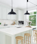 Plug In Industrial Pulley Pendant Light With E26 Socket And 16 Foot 4 Inch Cord On Off Switch above white kitchen island, retro vibe.