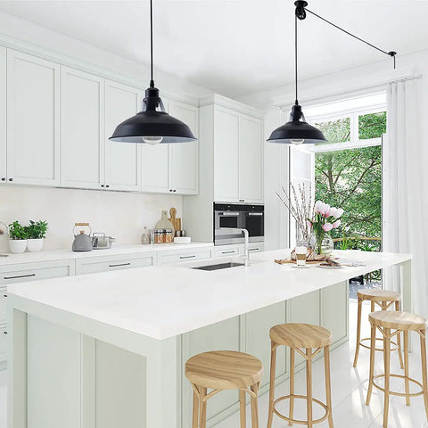 Plug In Industrial Pulley Pendant Light With E26 Socket And 16 Foot 4 Inch Cord On Off Switch above white kitchen island, retro vibe.
