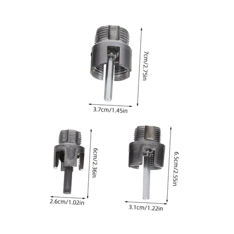 Versatile 3-Piece Pipe Threading Tool Kit For Pvc And Metal Water Pipes Compatible With Electric Drills, featuring three cutter sizes.