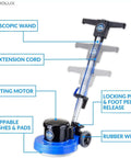Core 13 Inch Electric Floor Buffer Scrubber And Polisher For All Floor Surfaces showing features like telescopic wand and 50' cord