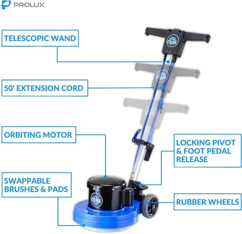 Core 13 Inch Electric Floor Buffer Scrubber And Polisher For All Floor Surfaces showing features like telescopic wand and 50' cord