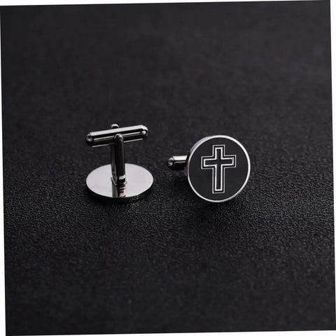 Black Titanium Steel Cross Pattern Cufflinks For Men, Dress Shirt Fasteners For Weddings And Business Formal Events, Durable Polished Cufflinks