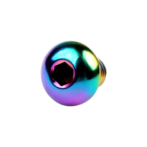 Close-up of Rainbow Titanium M5x8mm Bolt with a button head and 3mm Allen socket, showcasing 6Al4V Gr5 Ti Alloy finish