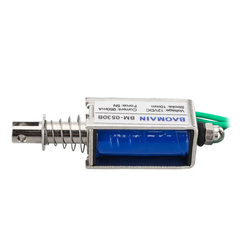 12V DC Solenoid Electromagnet BM0530B Open Frame Push Pull Actuator with visible metal frame and blue coil, 5N force, 10mm stroke.
