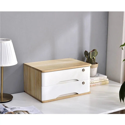 Solid Wood 4-Tier Desk Storage Box With Lockable Drawers on a desk with a lamp and potted cactus for stylish organization.