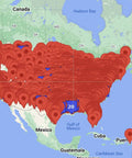 United States map densely marked with red location pins across the country