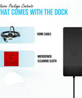 Bundle contents for WD19S USB C Docking Station For Dual Monitors, displaying HDMI cable and microfiber cleaning cloth.