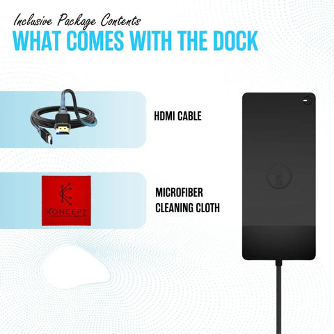 Bundle contents for WD19S USB C Docking Station For Dual Monitors, displaying HDMI cable and microfiber cleaning cloth.