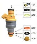Diagram of Pro Grade Universal Fuel Injector Repair Kit components for Electronic Fuel Injection Systems.
