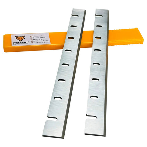 12-1/2 Inch Planer Blades Replacement Set Of 2 High Speed Steel Blades in case, showing blade design and case color
