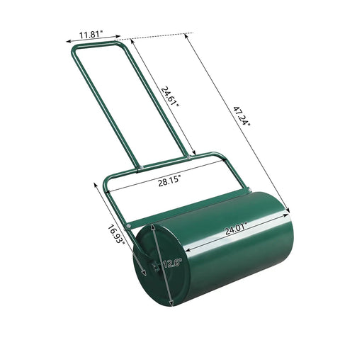 Green 24 Inch Tow Behind Lawn Roller with 13 Gallon Water Or Sand Fill, U Shaped Handle, Easy Push Or Pull Setup for seed bedding.