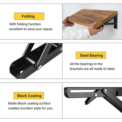 Heavy Duty Wall Mounted Folding Shelf Brackets With Tough Triangle Frame And Slick Fold Away Design For Hella Space Saving Diy Build Projects Max Load 330lbs In White Two Pack, showing folding function and steel bearing.