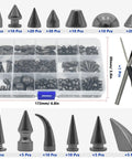 Badass Punk Spikes And Studs Kit 150 Piece Mixed Shape Gun Black Leather Rivets With Easy Screw Back Install Tools in organized storage box.