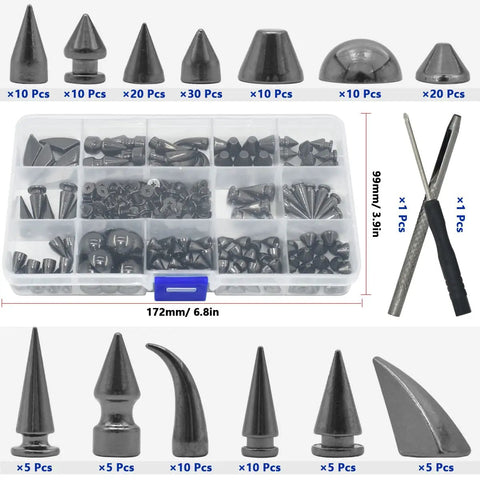 Badass Punk Spikes And Studs Kit 150 Piece Mixed Shape Gun Black Leather Rivets With Easy Screw Back Install Tools in organized storage box.