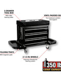 Heavy Duty 3 Drawer Rolling Tool Chest Seat With Magnetic Side Trays Black Vinyl Padded Seat Roller Bearing Slides Two Folding Tool Trays 350 Lbs Capacity For Pros And DIYers with 350 lb load capacity label