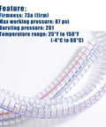 Rugged Heavy Duty PVC Suction Hose One Inch ID By One And A Quarter Inch OD, showing steel-wire reinforcement details on white background