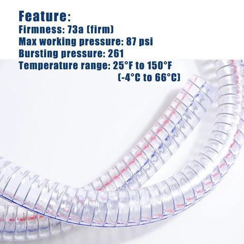 Rugged Heavy Duty PVC Suction Hose One Inch ID By One And A Quarter Inch OD, showing steel-wire reinforcement details on white background