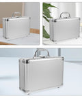 Tough As Nails Aluminum Storage Case With Secure Snap Latch And Plush Foam Padding For Guarding Cameras Cosmetic Kits And Power Tools On Weekend Getaways While Rolling Out, showcased from different angles.