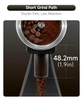 Heavy Duty Electric Coffee Grinder Loaded With Sixty Millimeter Blind Flat Burr And Forty Eight Precision Settings For Espresso Pour Over And Drip Sips Low Retention Single Dose Setup showcasing short grind path.