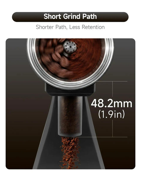 Heavy Duty Electric Coffee Grinder Loaded With Sixty Millimeter Blind Flat Burr And Forty Eight Precision Settings For Espresso Pour Over And Drip Sips Low Retention Single Dose Setup showcasing short grind path.