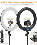 Two 19-inch Bi-Color Ring Lights With LCD Display, attached DSLR and smartphone mounts for vlogging and streaming.