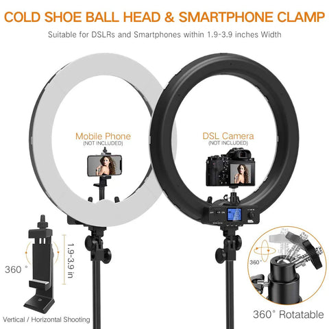 Two 19-inch Bi-Color Ring Lights With LCD Display, attached DSLR and smartphone mounts for vlogging and streaming.