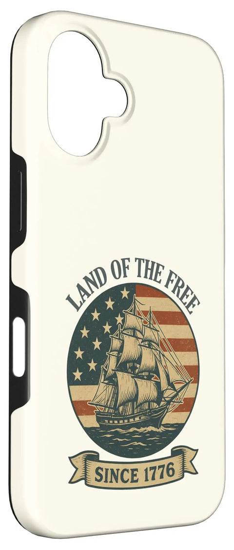 Patriotic iPhone 16 Case With Retro Sailboat Flag Design Red White And Blue Usa Theme For July 4th Independence Day Since 1776 Usa Freedom Pride Durable Protective Cover With Slim Profile And Easy Access featuring vintage ship and US flag.